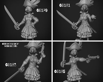 Op de afbeelding: Vier 3D-geprinte miniatuurfiguren van een vogelachtig wezen dat een piratenkostuum draagt. De figuren zijn in verschillende poses geposeerd en houden een zwaard, een pistool, een dolk en een edelsteen vast. De figuren zijn gelabeld met de nummers G0179, G0181, G0183 en G0185.
