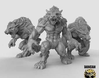 Op de afbeelding: Drie grijze geverfde miniatuurfiguren van weerwolven, één staand en twee in een hurkende houding. De staande weerwolf heeft een meer mensachtig uiterlijk met vacht en een grommende uitdrukking.