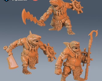 Shark-folk Tribe Miniature Set | 28mm-32mm | 3D Printed Resin Sharkfolk Warriors / Aquatic Tribe for D&D / Pathfinder | RPG Tabletop