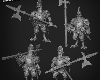 May include: Four 3D printed miniature figures of anthropomorphic chickens wearing armour and holding spears. The figures are posed in various stances and are ready for battle. The figures are pre-supported and ready to be printed.