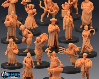 May include: A set of 15 unpainted miniature figurines depicting various medieval villagers, including a baker, a farmer, a blacksmith, a shepherd, and a knight. The figurines are made of a light brown plastic and are approximately 2 inches tall.