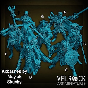 May include: A collection of blue miniature figures of fantasy characters, including warriors and sorcerers, each holding weapons or shields. The image includes the text "Kitbashes by Mayjek Skuchy" and "VELROCK ART MINIATURES".