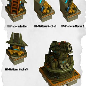 May include: Several miniature platform models are displayed, including a ladder, mecha components, and a machine gun. The models are olive green, yellow, and blue. Text on the image reads "111-Platform Ladder", "112-Platform Mecha 1", "113-Platform Mecha 2", "114-Platform Mecha 3", and "115-Machine Gun".