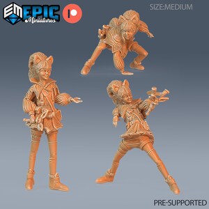 May include: Three miniature figurines of a character in a tan outfit with a fox-like headdress. The figures are in different action poses, one standing, one crouching, and one aiming a weapon. The text "SIZE: MEDIUM" and "PRE-SUPPORTED" are visible.