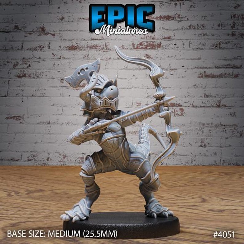 May include: A gray miniature figure of a fantasy archer, poised with a bow and arrow. The figure is wearing detailed armor and a helmet. The base size is medium (25.5mm). The Epic Miniatures logo is visible in the top corner.