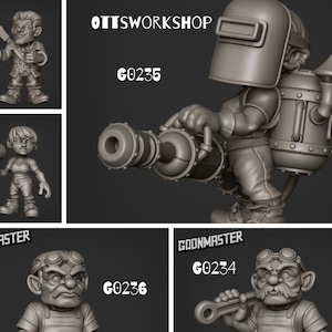 May include: Four 3D printed figurines of characters wearing goggles and work clothes. The characters are holding tools such as a wrench, a hammer, and a welding torch. The figurines are labeled with the text "GOONMASTER" and a number. The text "OTTSWORKSHOP" is also visible in the image.