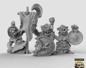 Miniaturas de Líderes Goblins | 28 mm-32 mm | Conjunto de Chefes/Capitães/Porta-estandartes Goblin em Resina (sem pintura) para D&D/Pathfinder | RPG de Mesa