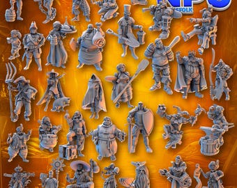 May include: A collection of 33 miniature figurines depicting various characters, including a knight, a wizard, a jester, and a blacksmith. The figurines are painted in a variety of colors and are made of a durable material. The figurines are arranged on a brown background with the text "NON PLAYER CHARACTER 33 NPC" at the top.