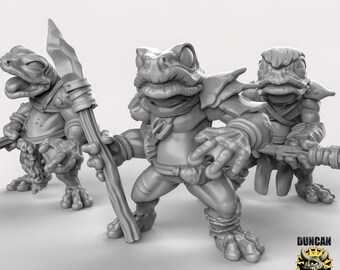 Miniatuurset kikkervolk | 28 mm-32 mm | 3D-geprinte hars Frogfolk Warrior NPC-set voor D&D / Pathfinder | RPG-tafelblad