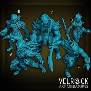 May include: Five teal Predator miniature figurines are displayed. Each figure is sculpted in a dynamic pose, showcasing intricate details of the alien warrior's armor and weaponry. The Velrock Art Miniatures logo is visible at the bottom.