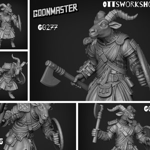 May include: A 3D printed miniature of a goat-like creature wearing armour and holding a shield and axe. The miniature is grey and has the text "GOONMASTER G0277" printed on it.