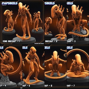 May include: Seven orange plastic miniature figures of an alien creature with a long tail. The figures are posed in different positions, including standing, crouching, and sitting. The figures are labelled with numbers 1 through 7.