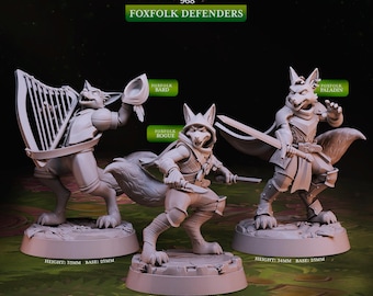 May include: Three 3D printed miniature figurines of fox-like creatures, each with a different class: Bard, Rogue, and Paladin. The figures are painted in a light grey colour and stand on circular bases. The text "Woodland Heroes 968 Foxfolk Defenders" is printed at the top of the image.