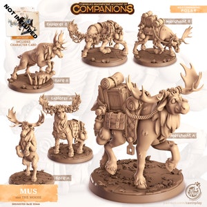 May include: Five miniature moose figurines, painted in a light brown colour, with varying accessories. The moose are posed in different positions, some standing, some sitting, and some carrying packs. The figurines are part of a set called "Cornelia's Magnificent Account of Companions: Wild Companions Polar".