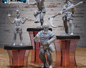 May include: Four gray painted miniature figurines on black bases, each on a clear acrylic display stand with a pink gradient. The figures are posed in various actions, including holding a bottle, juggling apples, holding a mug, and wielding a scythe.