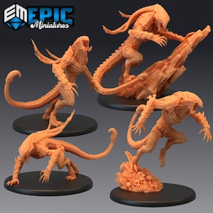 May include: Four detailed, unpainted, miniature figures of a creature with a reptilian appearance. The figures are posed in different dynamic stances, with sharp claws and a long, segmented tail. The figures are made of a light brown plastic material.