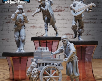 Köpman, Resande och Bard NPC Miniatyrset | 28 mm och 32 mm Bybofigurer för DnD, Pathfinder, RPG, krigsspel och fantasyäventyr