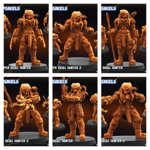 May include: Several orange-brown Predator figurines, each on a black base. The "SIKELS" logo is visible. Text on the bases reads "PER SKULL HUNTER," "PER SKULL HUNTER 2," and "SKULL HUNTER." The figures are highly detailed and posed.