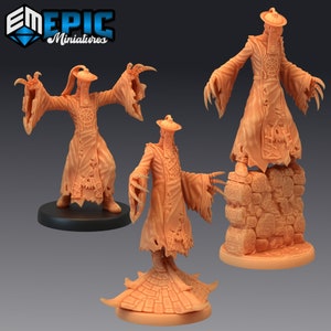 May include: Three 3D printed miniatures of a ghostly figure wearing a robe and a conical hat. The figure has long, clawed fingers and a tattered robe. The miniatures are painted in a light orange color.