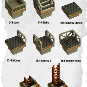 Könnte beinhalten: Eine Sammlung von Miniatur-Geländeteilen für Tabletop-Spiele. Enthält eine Ebene, Treppen, Balkonböden, Winkel und Leitern. Jedes Teil ist grau mit orangefarbenen Akzenten und nummeriert.