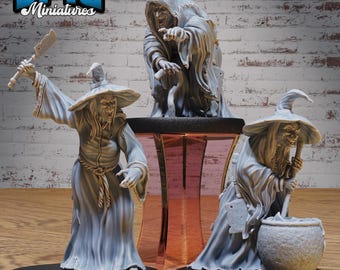 May include: Three painted miniature figures of witches wearing pointed hats and robes. The witches are posed in different positions, one holding a cauldron, one holding a knife, and one holding a staff. The figures are painted in shades of gray and white.