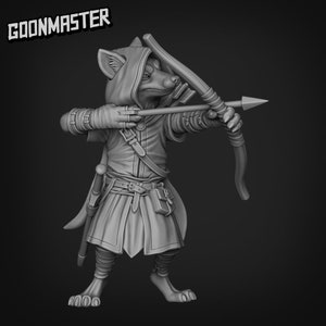 May include: A grey 3D printed figurine of a fox-like creature wearing a hooded cloak and holding a bow and arrow. The creature is in a shooting stance, aiming the arrow forward.