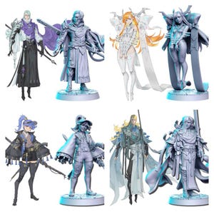 Może przedstawiać: Zestaw ośmiu miniaturowych figurek, z których każda przedstawia innego bohatera w fantastycznym otoczeniu. Figurki są pomalowane w różnych odcieniach szarości i bieli, z misternymi detalami i płynnymi szatami. Figurki są ustawione w dynamicznych pozach, prezentując swoje unikalne osobowości i bronie.