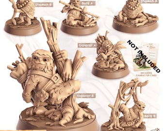 May include: A set of 6 unpainted miniature sloth figurines in various poses, including a shaman, explorer, and bare sloth. The miniatures are made of a light brown plastic and are designed for tabletop gaming. The miniatures are shown on a white background with the text "Cornelia's Magnificent Account of Companions" and "Wild Companions Climbers" at the top of the image. The text "Not Included" is shown in a red box at the bottom of the image.