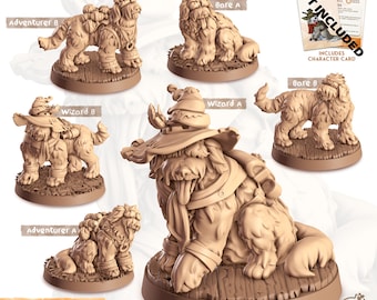 May include: Five miniature figurines of a dog breed, painted in a light brown color, with different accessories. The dog is wearing a wizard hat, adventurer's gear, and a bare head. The figurines are on a wooden base. The text "Sheppar aka The Old English Shepherd" is at the bottom of the image.