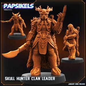 May include: An orange-brown figurine of the Skull Hunter Clan Leader, featuring detailed armour and a large blade. The image also shows two smaller figurines and the text "SKULL HUNTER CLAN LEADER" and "JANUARY 2026 RELEASE".