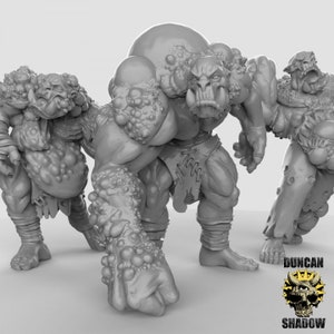 May include: Three grey, detailed, miniature figures of grotesque, monstrous creatures with bumpy, textured skin. The figures are posed in a dynamic, action-ready stance.
