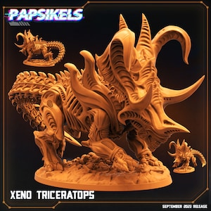 May include: A detailed, 3D printed model of a Xenomorph Triceratops, a creature with a biomechanical design. The model is painted in a light brown color and features a textured surface. The model is posed in a dynamic stance, with its head raised and its horns pointed forward. The model is set on a circular base. The text "XENO TRICERATOPS" is printed below the model. The text "SEPTEMBER 2023 RELEASE" is printed in the bottom right corner of the image.