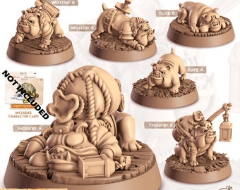 May include: Set of 6 unpainted miniature bulldog figurines in various poses, including warrior, explorer, and bare. Each figurine is approximately 25mm in size and is made of a light brown resin. The figurines are part of a set called "Ingsh, aka The English Bulldog".