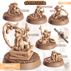 May include: A set of 6 unpainted miniature figurines of monkeys in various poses, including a merchant, alchemist, and bare monkey. The miniatures are made of a light brown plastic and are designed for tabletop gaming. The miniatures are on a white background with the text "Cornelia's Magnificent Account of Companions" and "Wild Companions Primates" at the top.