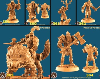 May include: Five 3D printed miniature figures of orcs and a wolf rider. The figures are painted in a brown and tan color scheme. The figures are all standing on circular bases. The figures are all pre-supported and ready to be printed.