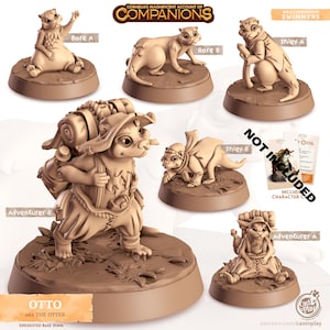 May include: A set of 3D printed miniature otter figurines, painted in a light brown colour. The figurines depict different otter characters, including a bare otter, a thief otter, and an adventurer otter. The figurines are designed for tabletop role-playing games and are part of the "Cornelia's Magnificent Account of Companions" collection.