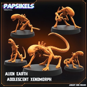 Może przedstawiać: Kilka pomarańczowo-brązowych figurek Xenomorph na czarnych podstawach. Figurki są w różnych pozach, z widocznym tekstem "ALIEN EARTH ADOLESCENT XENOMORPH" i "JANUARY 2026 RELEASE". Wyświetlana jest również nazwa marki "Papsikels".