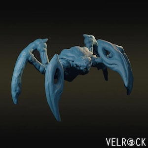 May include: A light blue, stylized insect sculpture with multiple legs and a segmented body. The sculpture has a detailed, textured surface and is set against a dark background. The sculpture has a unique design.
