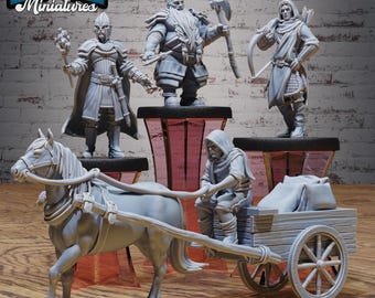 Night Watch and Merchant Wagon Miniature Set | 28mm-32mm | 3D Printed Resin Night Watch Guards + Merchant Wagon Caravan for D&D / Pathfinder