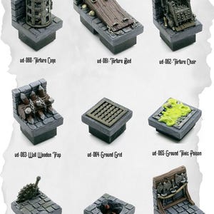 May include: Miniature dungeon set featuring torture devices such as a cage, bed, chair, and wall weapons, each on a stone base. The set also includes a ground grid, toxic poison, and a hole trap. Text from "ud-060" to "ud-068" is visible on the image.
