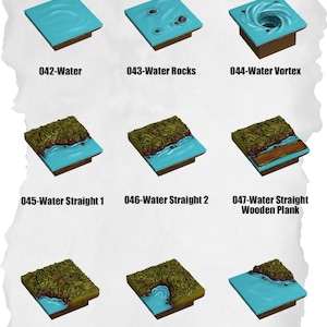 May include: A collection of miniature terrain pieces featuring water elements for tabletop gaming. The pieces include various water effects, such as a vortex, rocks, and straight sections, with text labels like "042-Water" and "043-Water Rocks".
