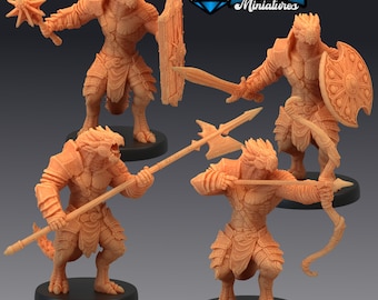 May include: Four unpainted miniature figurines of lizard-like creatures wearing armour and holding various weapons, including a sword, spear, bow and arrow, and a mace. The miniatures are set on black bases.