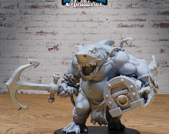 Sharkman Miniature | 28mm-32mm | 3D Printed Resin Sharkman / Sharkfolk Aquatic Warrior for D&D / Pathfinder | RPG Tabletop