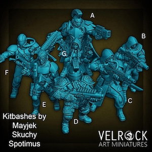 May include: A collection of teal-colored miniature figures, each armed with futuristic weapons. The figures are in various poses, suggesting action. Text on the image reads "Kitbashes by Mayjek Skuchy Spotimus" and "VELROCK ART MINIATURES".