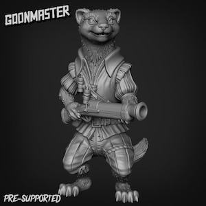 May include: A grey 3D printed miniature of a weasel-like creature wearing a pirate outfit and holding a blunderbuss. The miniature is pre-supported and is part of a fantasy game.