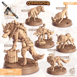 May include: A set of six unpainted miniature wolf figures in various poses, including bare, archer, and explorer. The figures are made of a light brown plastic and are designed for tabletop gaming. The figures are shown on a white background.