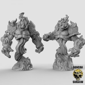 May include: Two gray, sculpted figures of a fire elemental. The figures are in different poses, one with its arms raised and the other with its arms down. Both figures have a humanoid torso and a swirling, flame-like lower body.