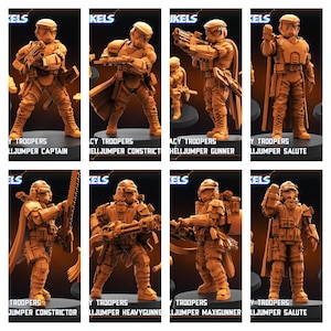 Può includere: Una collezione di otto figurine in miniatura di colore arancione di soldati di fantascienza. Ogni figura è in una posa diversa, con in mano varie armi ed equipaggiamenti. Il testo "Y TROOPERS" e "HELLJUMPER" è visibile sulla base di ogni figura.