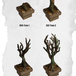 May include: Four miniature tree models for tabletop gaming. Each tree is mounted on a square base. The trees vary in shape and size, with one featuring a cross. The models are labeled 056-Tree 1, 057-Tree 2, 058-Tree 3, and 059-Tree 4.