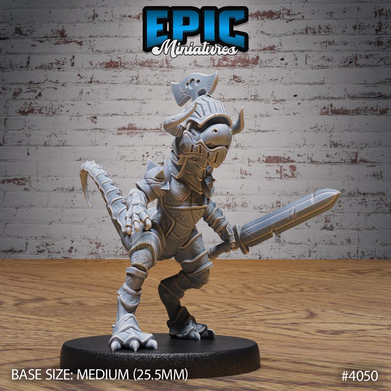 May include: A gray miniature figure of a fantasy creature in armor, holding a sword. The figure has a tail and is standing on a black base. The text "EPIC Miniatures" is at the top. The base size is medium (25.5mm).